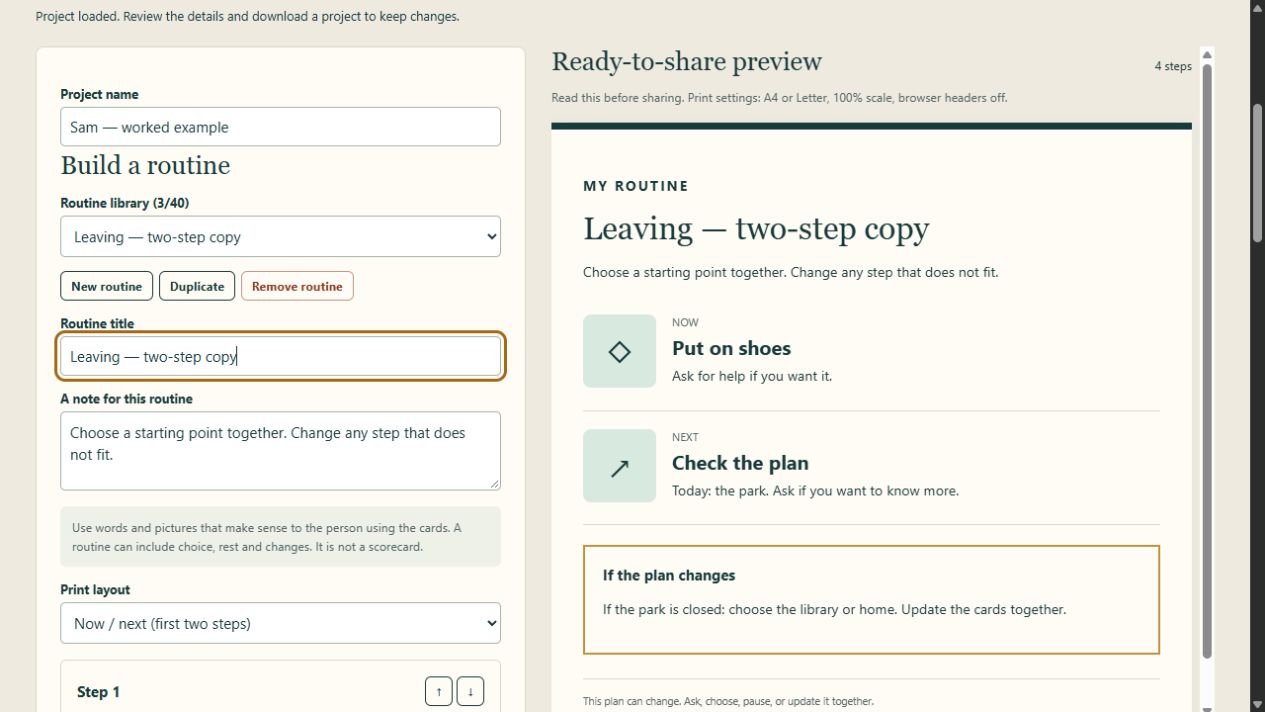 Actual Routine Studio interface with Leaving — two-step copy selected and Now / next layout. Preview shows Put on shoes under NOW and Check the plan under NEXT. Fictional data.
