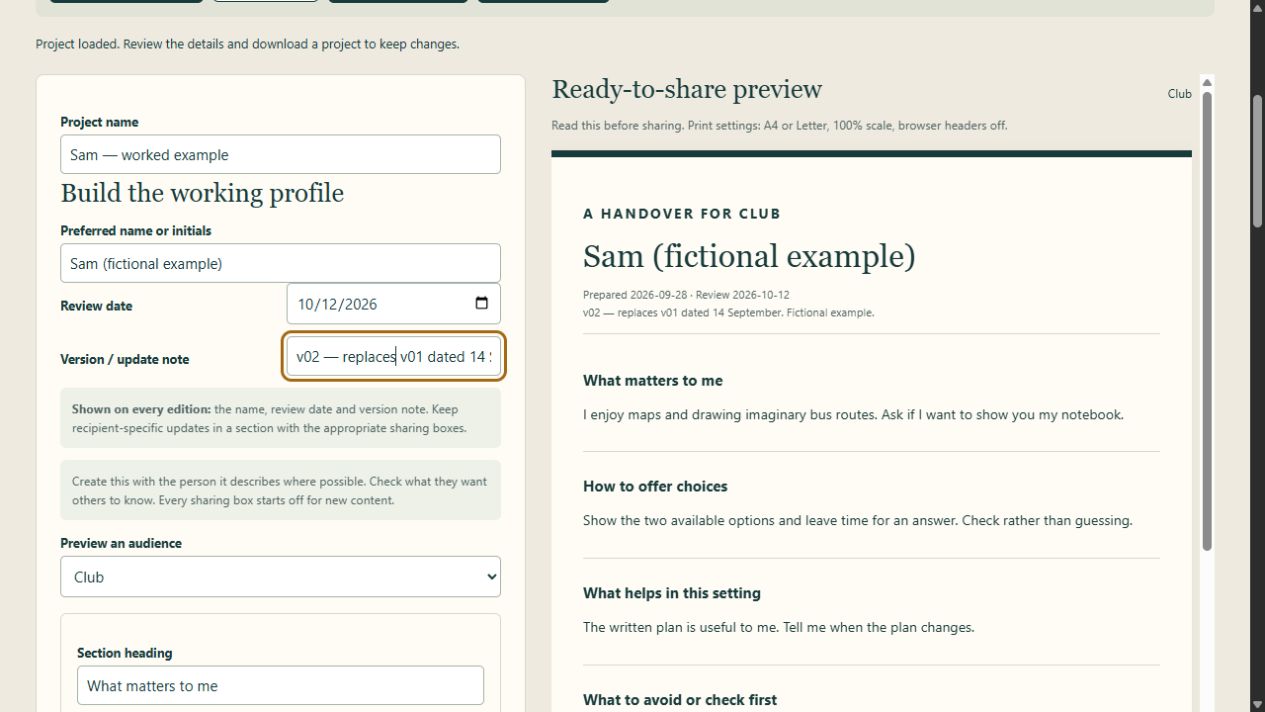 Actual Handover Studio 1.0.1 editor and fictional Club preview. The editor states that name, review date and version note appear on every edition.